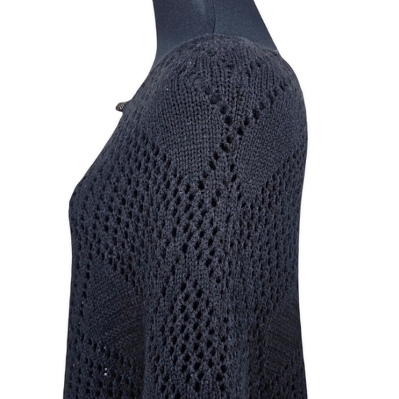 A.L.C Womens Black Open Weave Fringe Boho Poncho Sweater Sz OS Lightweight Chic - Picture 10 of 13